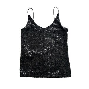 Black Sequin Thin Strap Top Size Small‎ Good Quality Comfortable Shirt W/ Zipper
